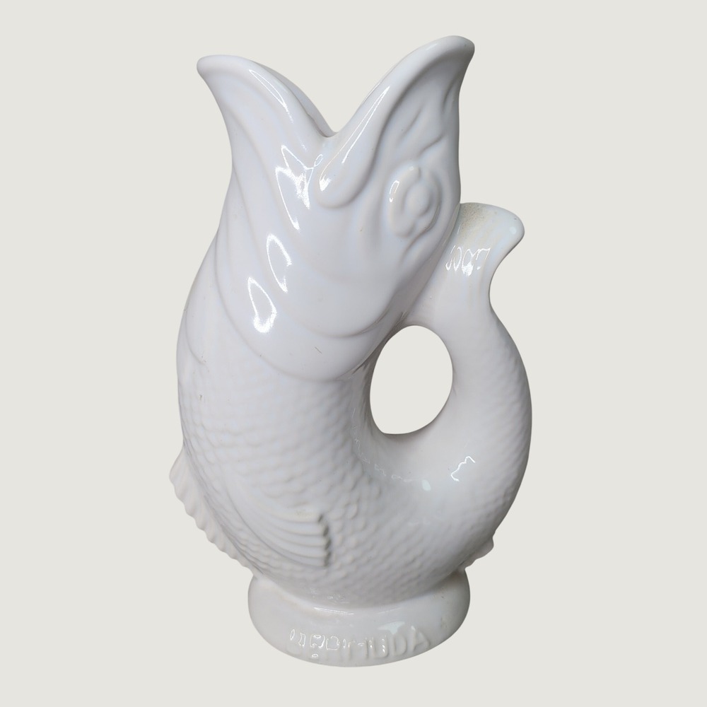 Dartmouth Pottery Bermuda White Gluggle Jug Fish Gurgling Pitcher 9 1/2" Vase